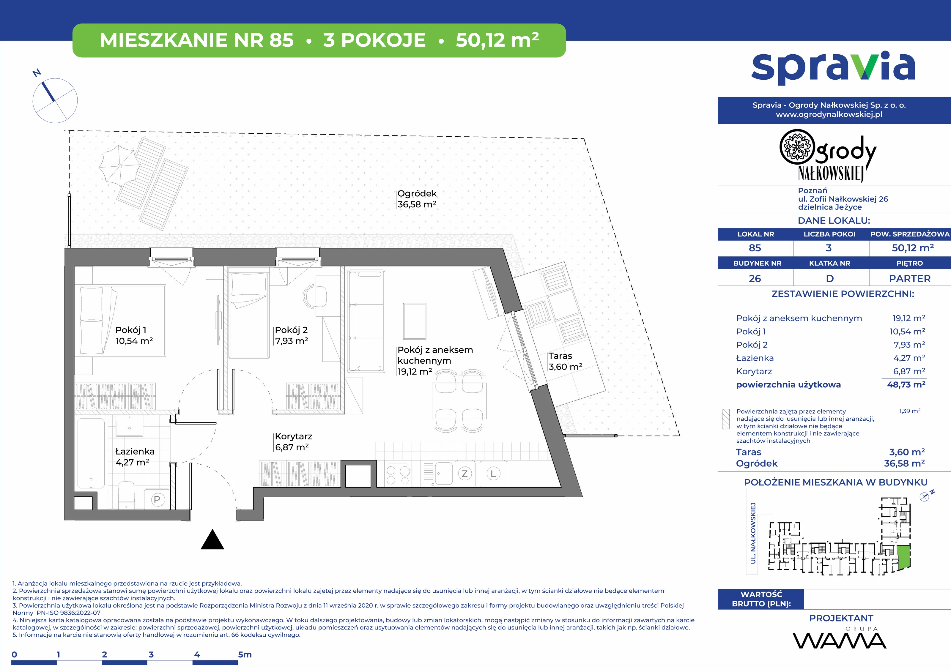 3 pokoje, mieszkanie 50,12 m², parter, oferta nr 26-85, Ogrody Nałkowskiej, Poznań, Ogrody, ul. Nałkowskiej 24, 26